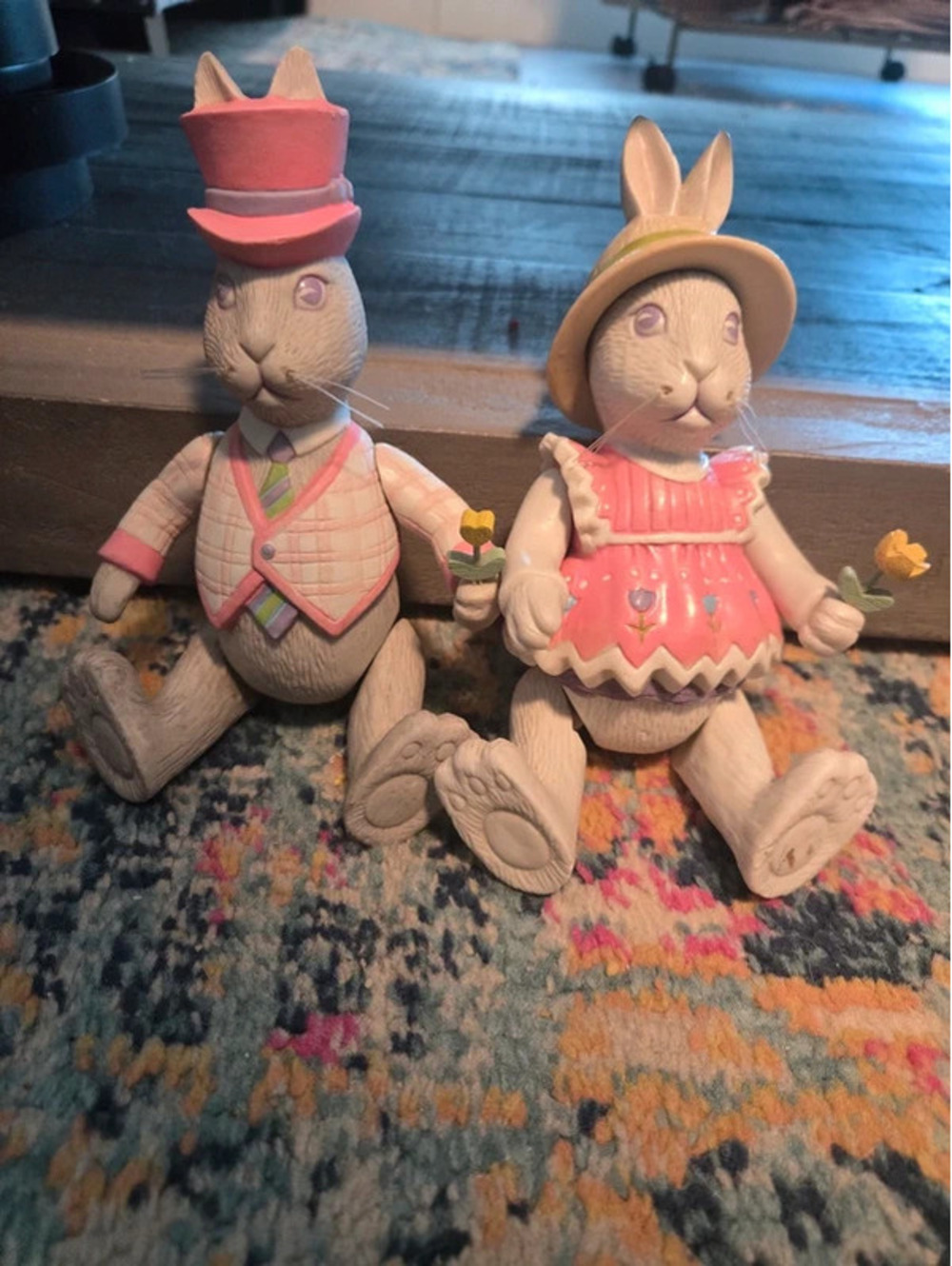 Vintage 1984 Emily Bunny Rabbit Figurine Pair with Flowers